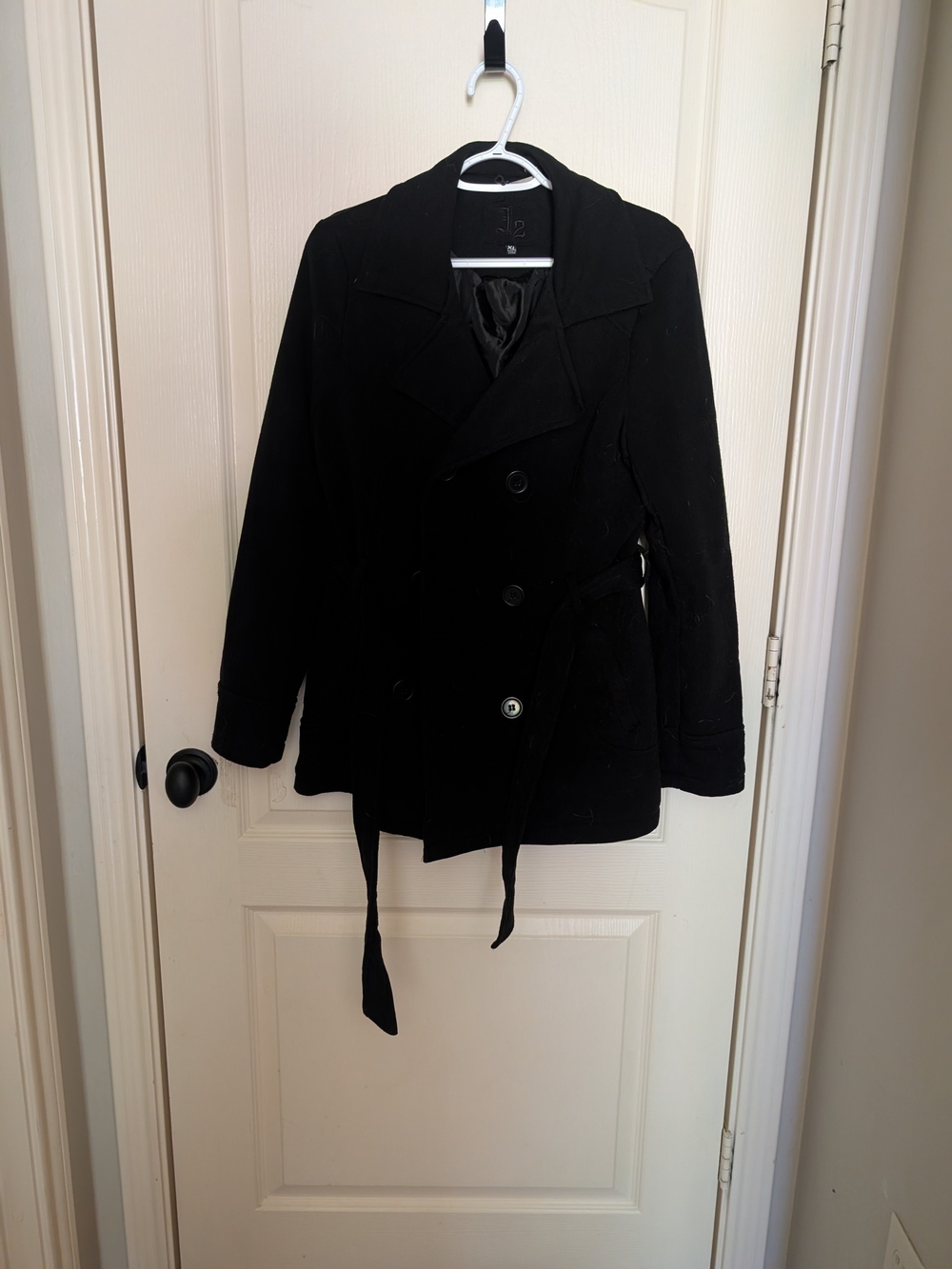 Women's Black Double-Breasted Peacoat with Waist Tie